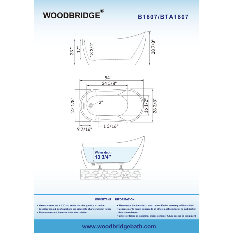 WoodBridge 54'' X 28.37'' Freestanding Soaking Acrylic Bathtub ...